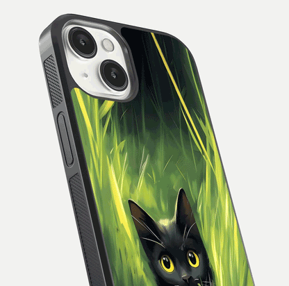 Hidden Cat Whisper Glass Case for iPhone 13 Mini close-up angled shot showing feline details and reflection polish