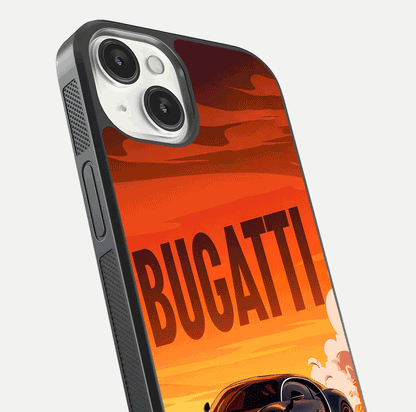 Inferno Bugatti Storm Glass Case for iPhone 13 Mini close-up angled shot showing flame details and reflection shine