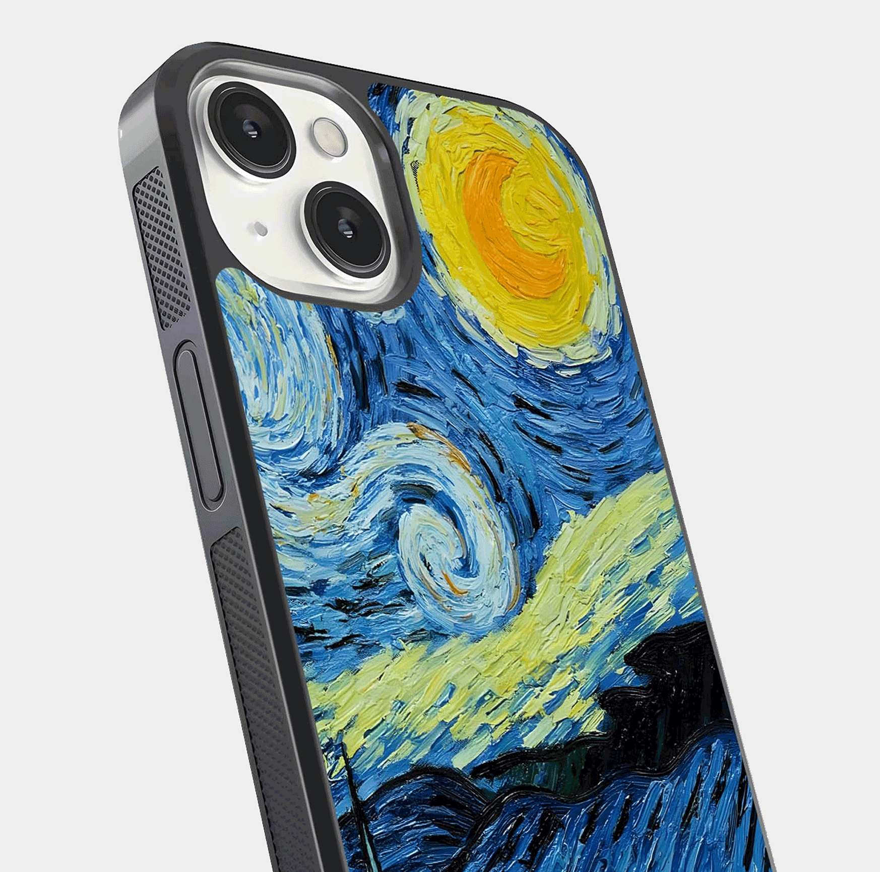 Inspired Van Gogh Art Glass Case for iPhone 13 Mini close-up angled shot showing brushstroke texture and shine detail