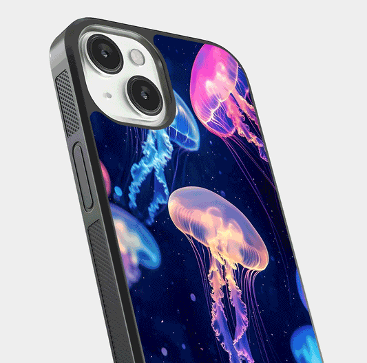 Jellyfish Pattern Glass Case for iPhone 13 Mini close-up angled shot showing translucent tentacles and light reflection
