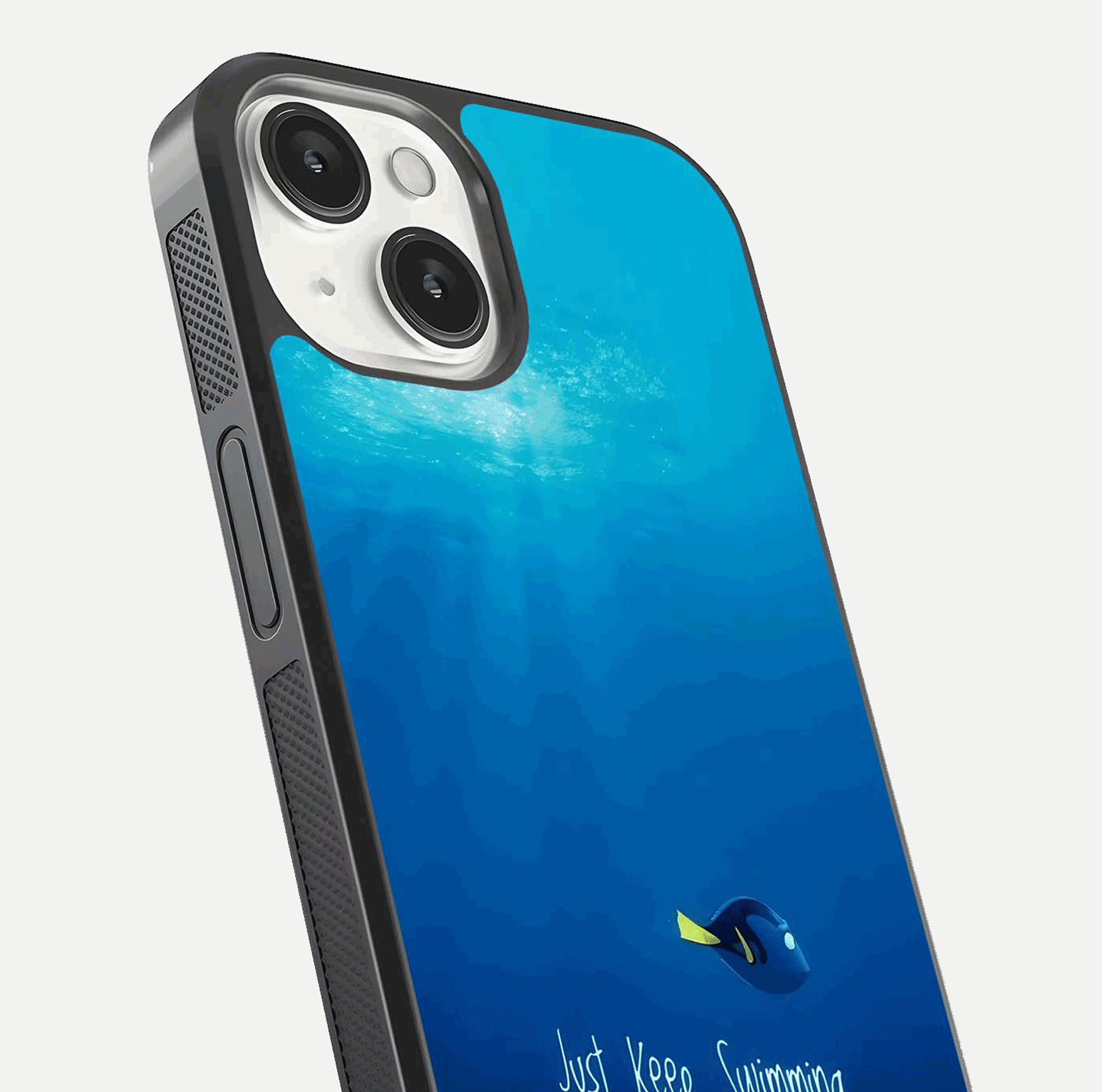 Just Keep Swimming Glass Case for iPhone 13 Mini close-up angled shot showing elegant lettering and blue tone reflection