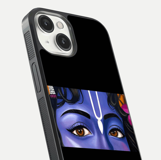Krishna Eye Glass Case for iPhone 13 Mini close-up angled shot showing intricate artwork and reflection shine
