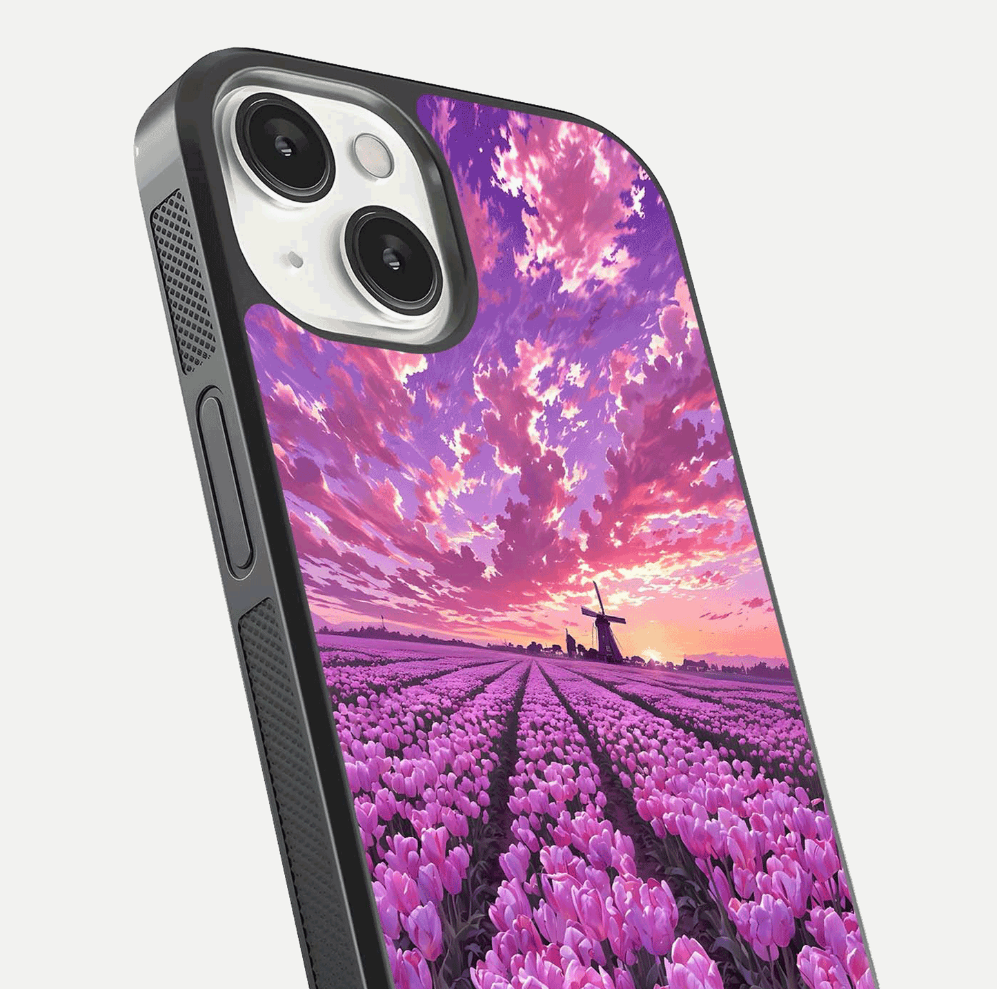 Lavender Dream Skies Glass Case for iPhone 13 Mini close-up angled shot showing purple hues and soft reflection