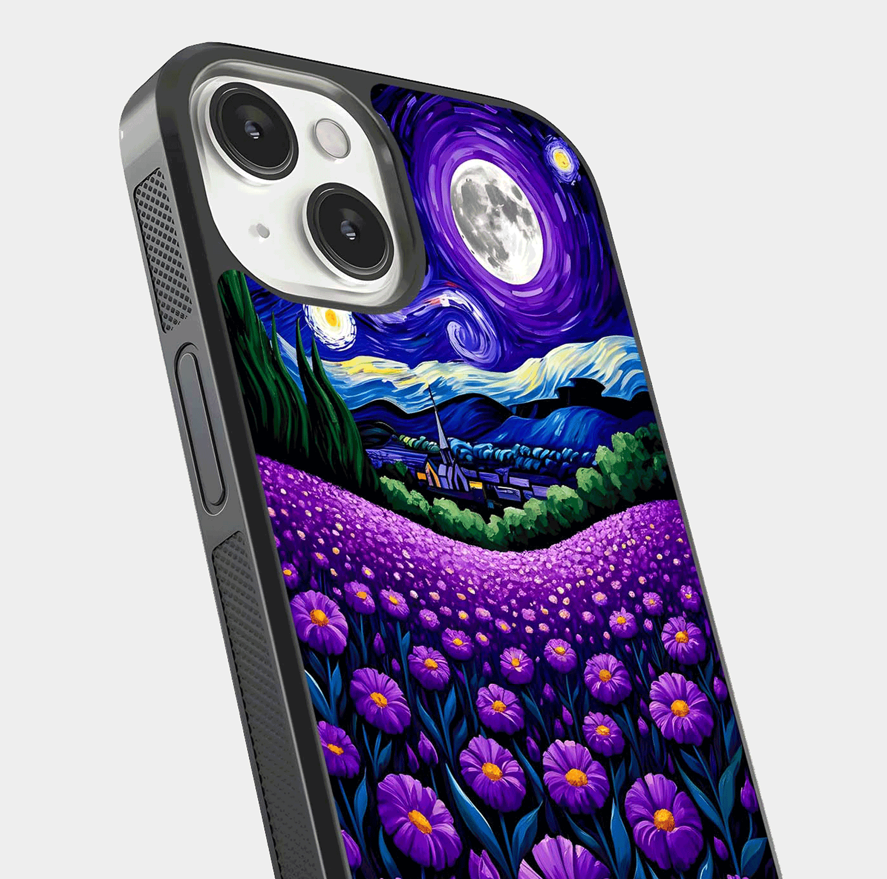 Lavender Moon Field Glass Case for iPhone 13 Mini close-up angled shot showing moon glow and purple detailing