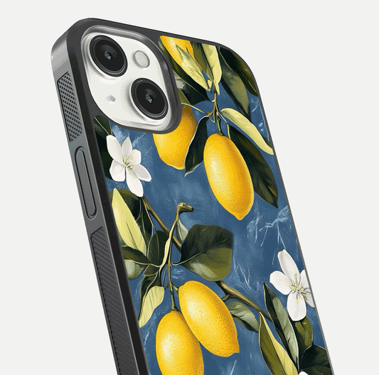 Lemon Dream Garden Glass Case for iPhone 13 Mini close-up angled shot showing fruit details and shine reflection