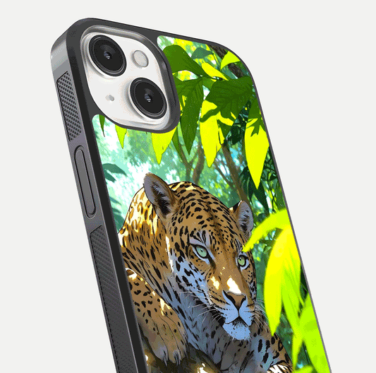 Leopard in Jungle Glass Case for iPhone 13 Mini angled close-up showing fur texture and glossy shine reflection