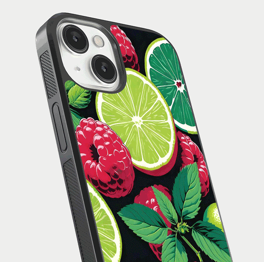 Lime and Raspberry Pattern Glass Case for iPhone 13 Mini angled close-up showing fruit texture and reflection glow