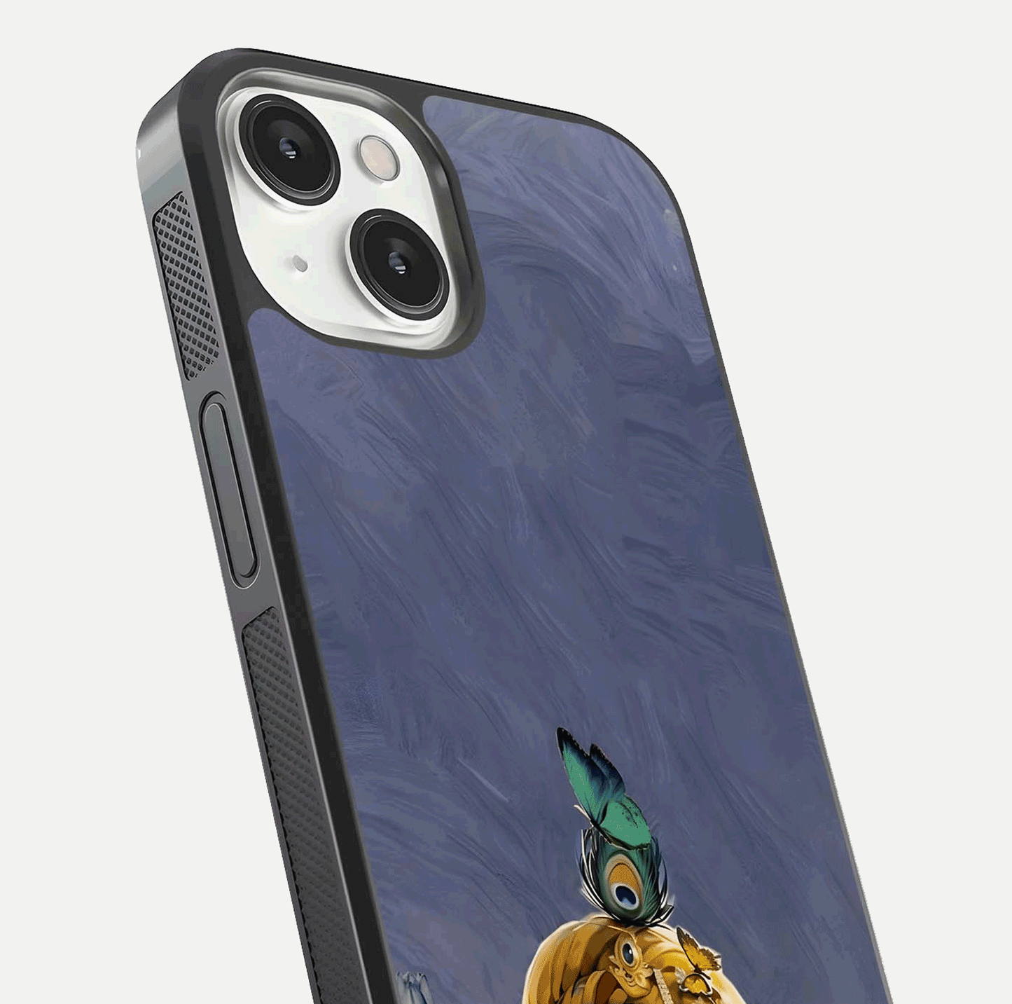 Lord Krishna Glass Case for iPhone 13 Mini angled close-up showing intricate flute and reflection details