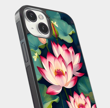 Lotus Dream Serenity Glass Case for iPhone 13 Mini close-up angled shot showing floral details and soft shine