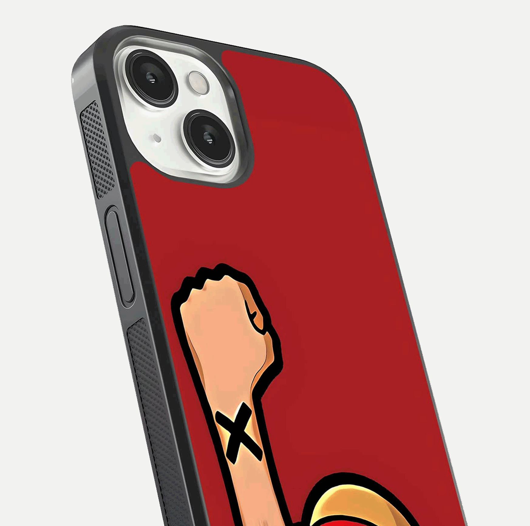 Luffy X Spirit Glass Case for iPhone 13 Mini close-up angled shot showing character detailing and gloss texture
