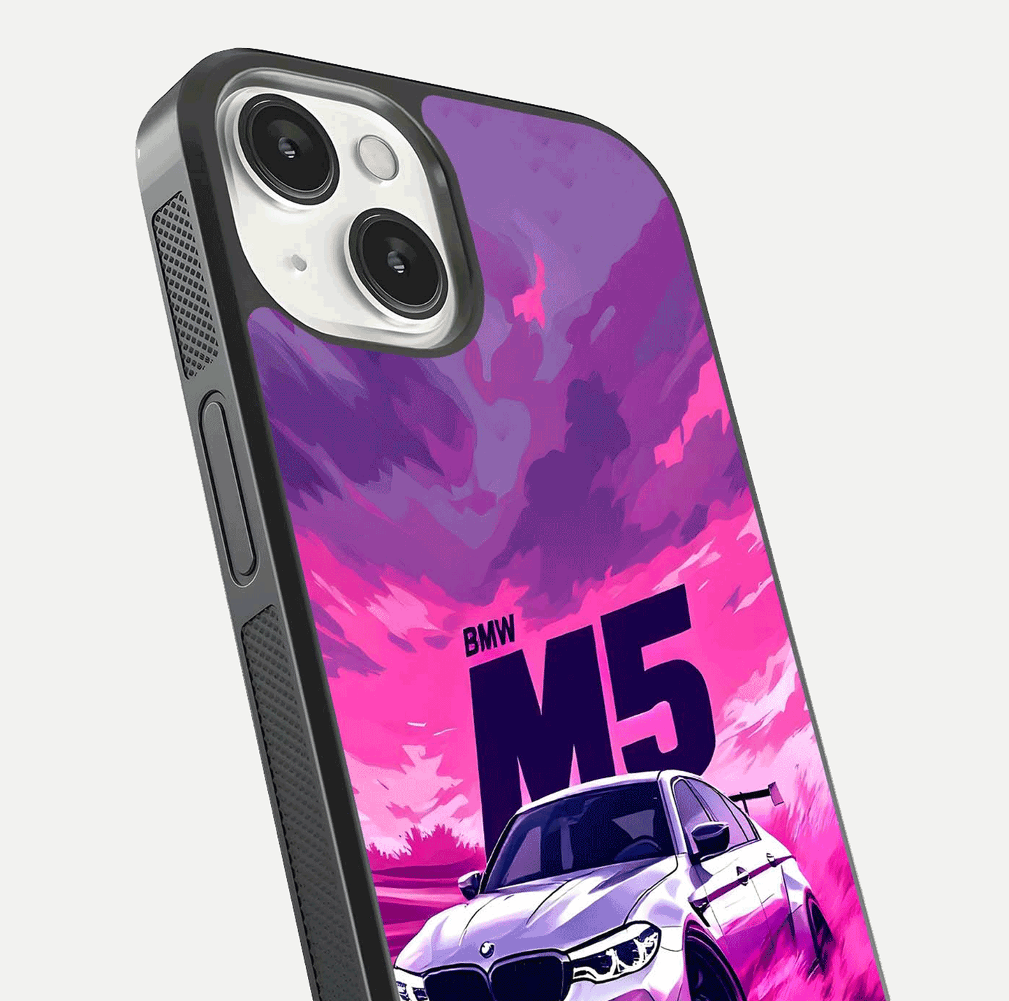 MS Neon Car Glass Case for iPhone 13 Mini close-up angled shot showing vivid neon reflections and shine