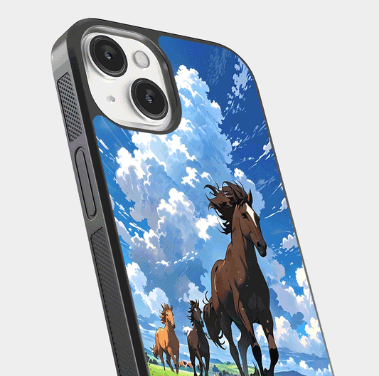 Majestic Horses Galloping Glass Case for iPhone 13 Mini close-up angled shot showing horse motion and reflection