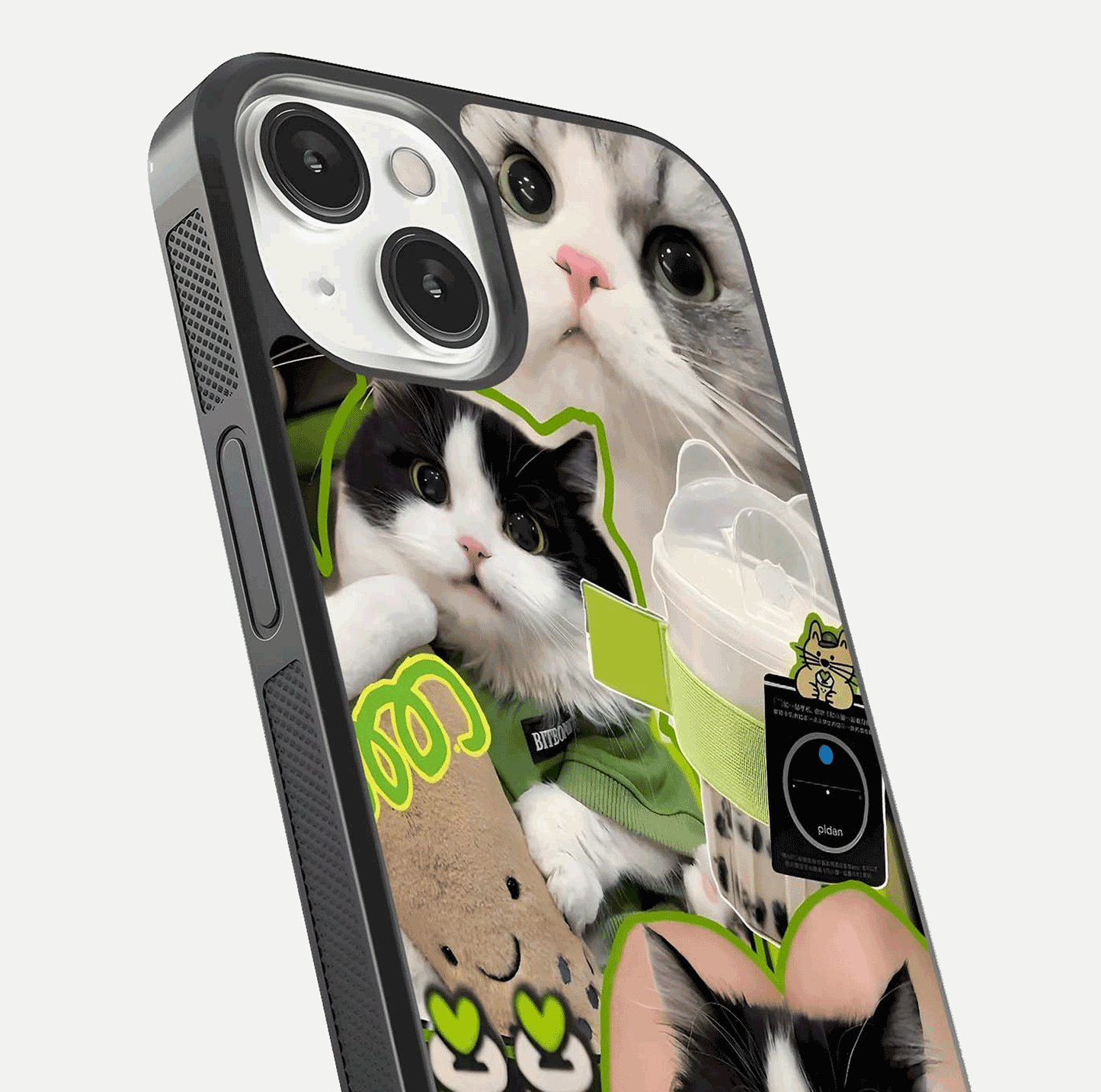 Matcha Cats Mood Glass Case for iPhone 13 Mini close-up angled shot showing adorable cat art and reflection detail