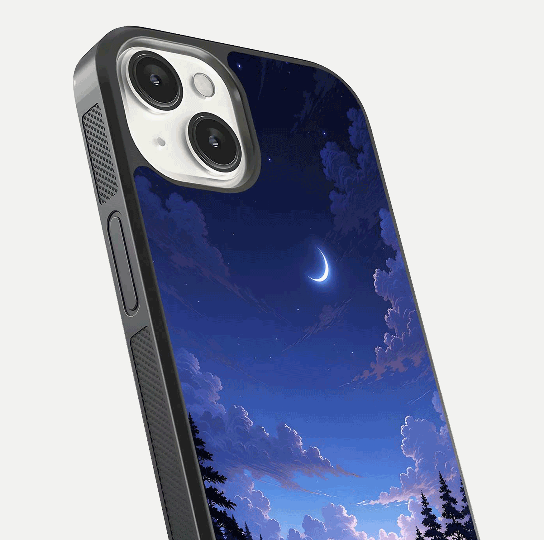 Midnight Lake Peace Glass Case for iPhone 13 Mini close-up angled shot showing blue night tones and reflection