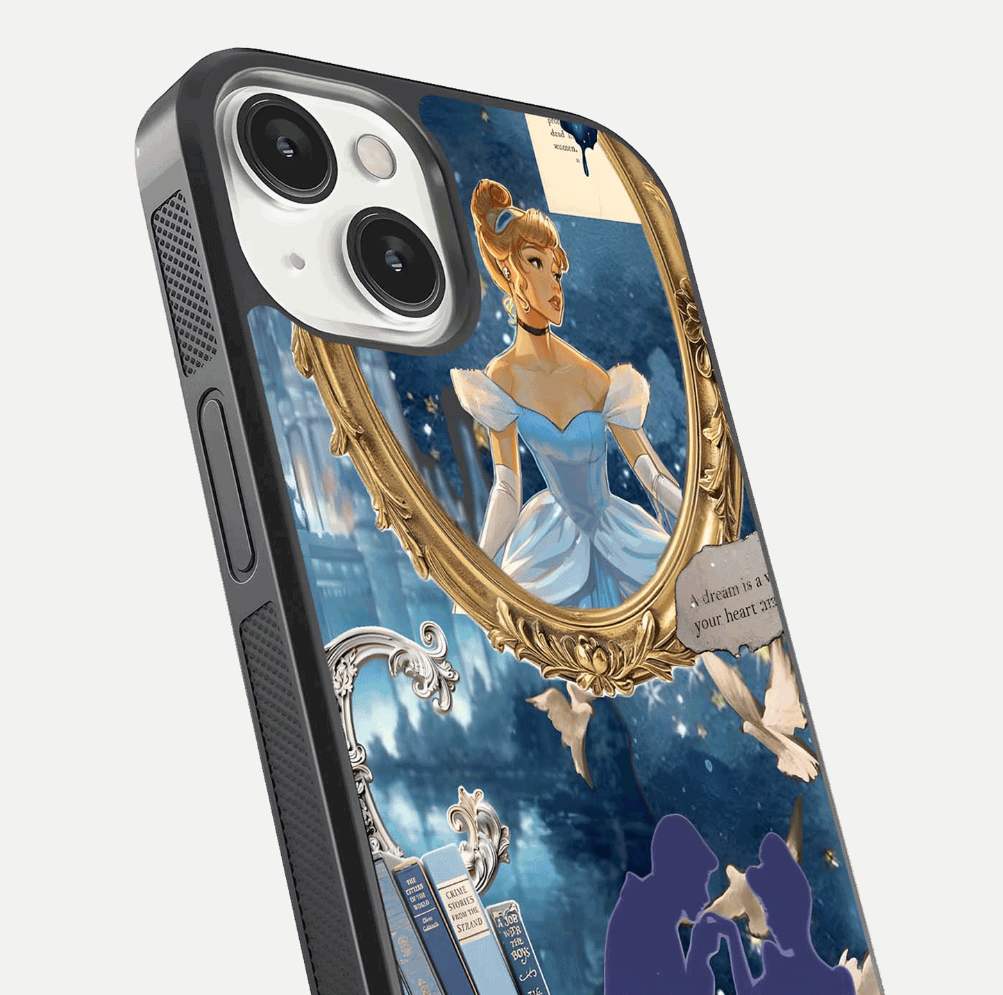 Midnight Queen Glass Case for iPhone 13 Mini close-up angled shot featuring crown motif and gloss reflection