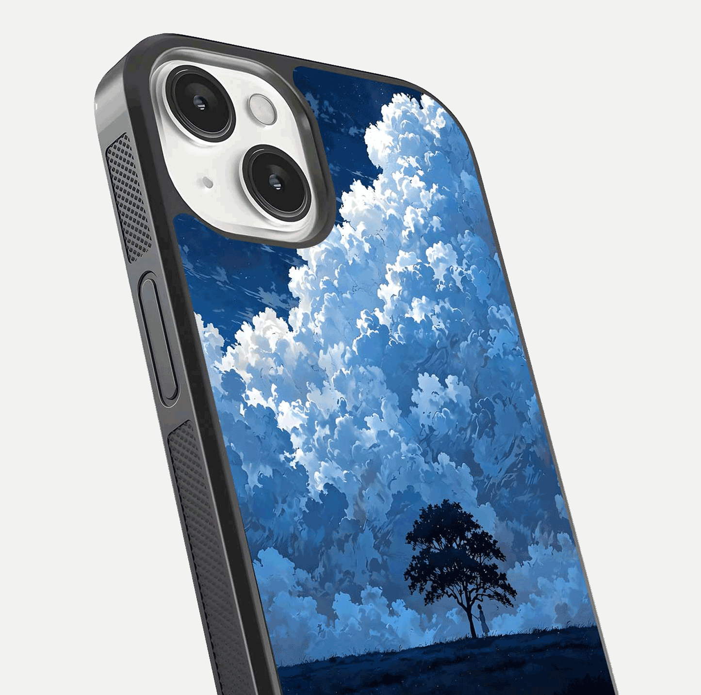 Midnight Sky Serenity Glass Case for iPhone 13 Mini close-up angled shot showing starlit tones and reflection