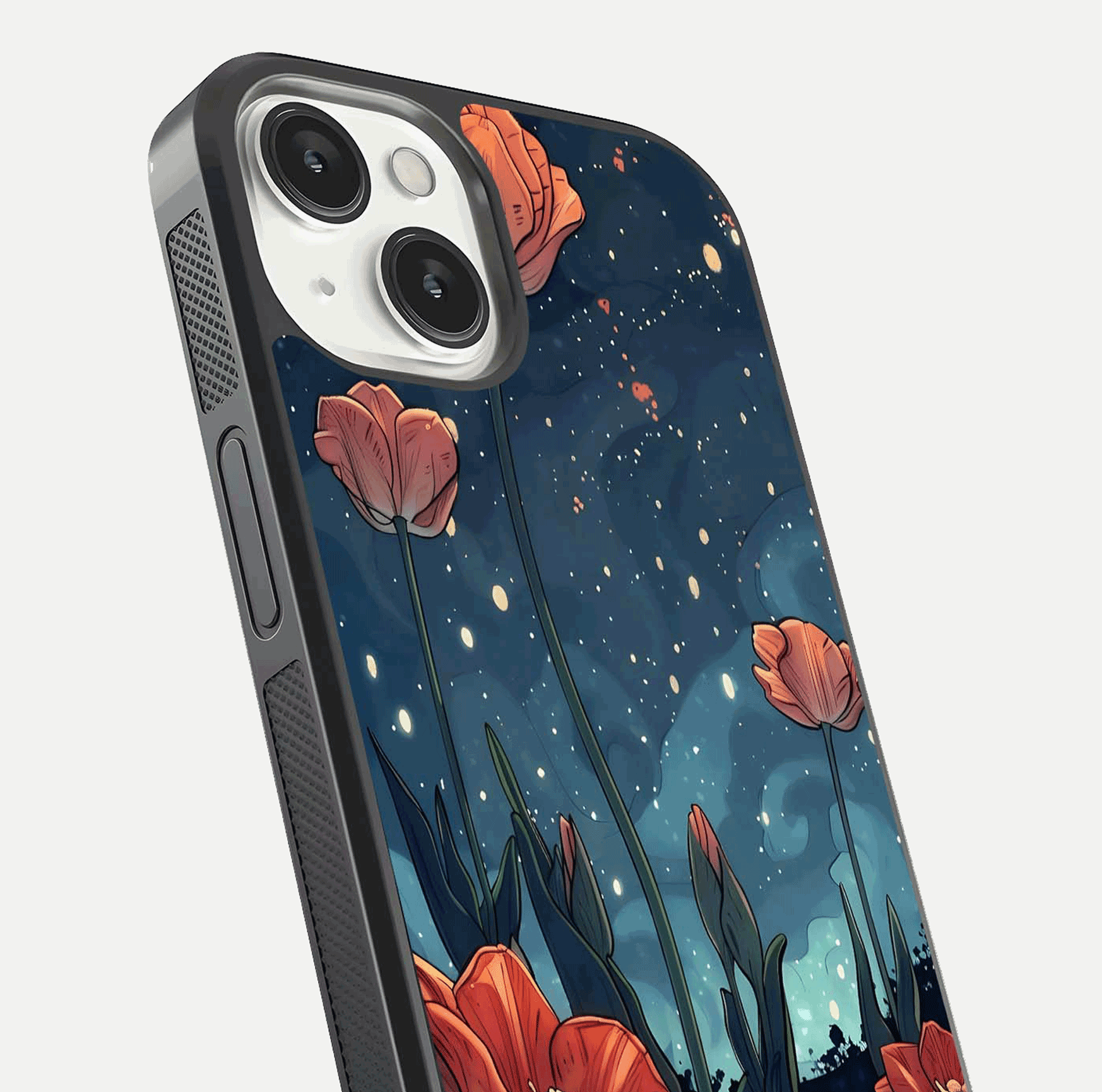 Midnight Tulip Glow Glass Case for iPhone 13 Mini close-up angled shot showing petal details and reflection glow