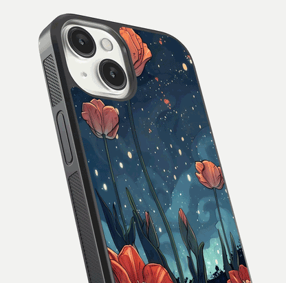 Midnight Tulip Glow Glass Case for iPhone 13 Mini close-up angled shot showing petal details and reflection glow
