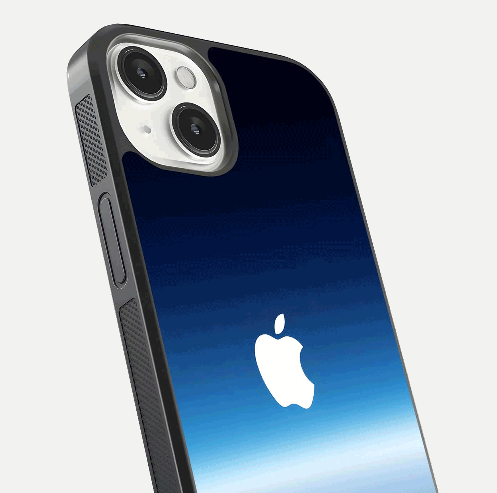 Minimal Apple Sky Glass Case for iPhone 13 Mini close-up angled shot showing pastel blue hues and reflection