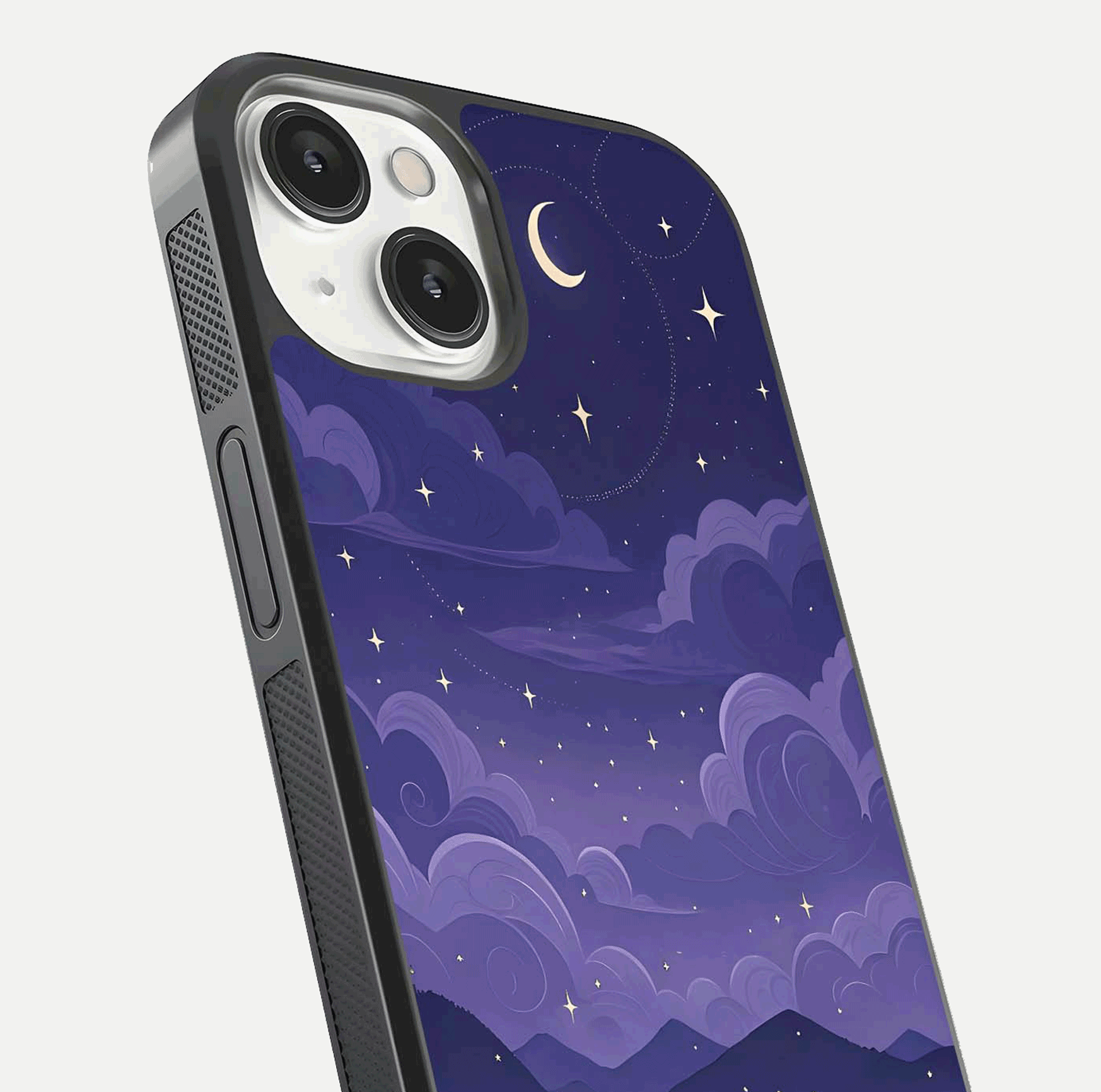 Minimal Night View Glass Case for iPhone 13 Mini close-up angled shot showing lights reflection and dark tone details