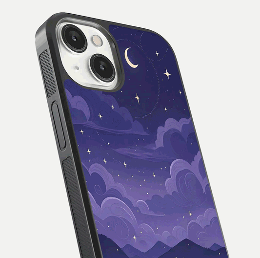 Minimal Night View Glass Case for iPhone 13 Mini close-up angled shot showing lights reflection and dark tone details