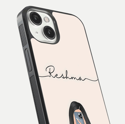 Mirror Mood Muse Custom Name Glass Case for iPhone 13 Mini close-up angled shot highlighting gloss and mirror depth