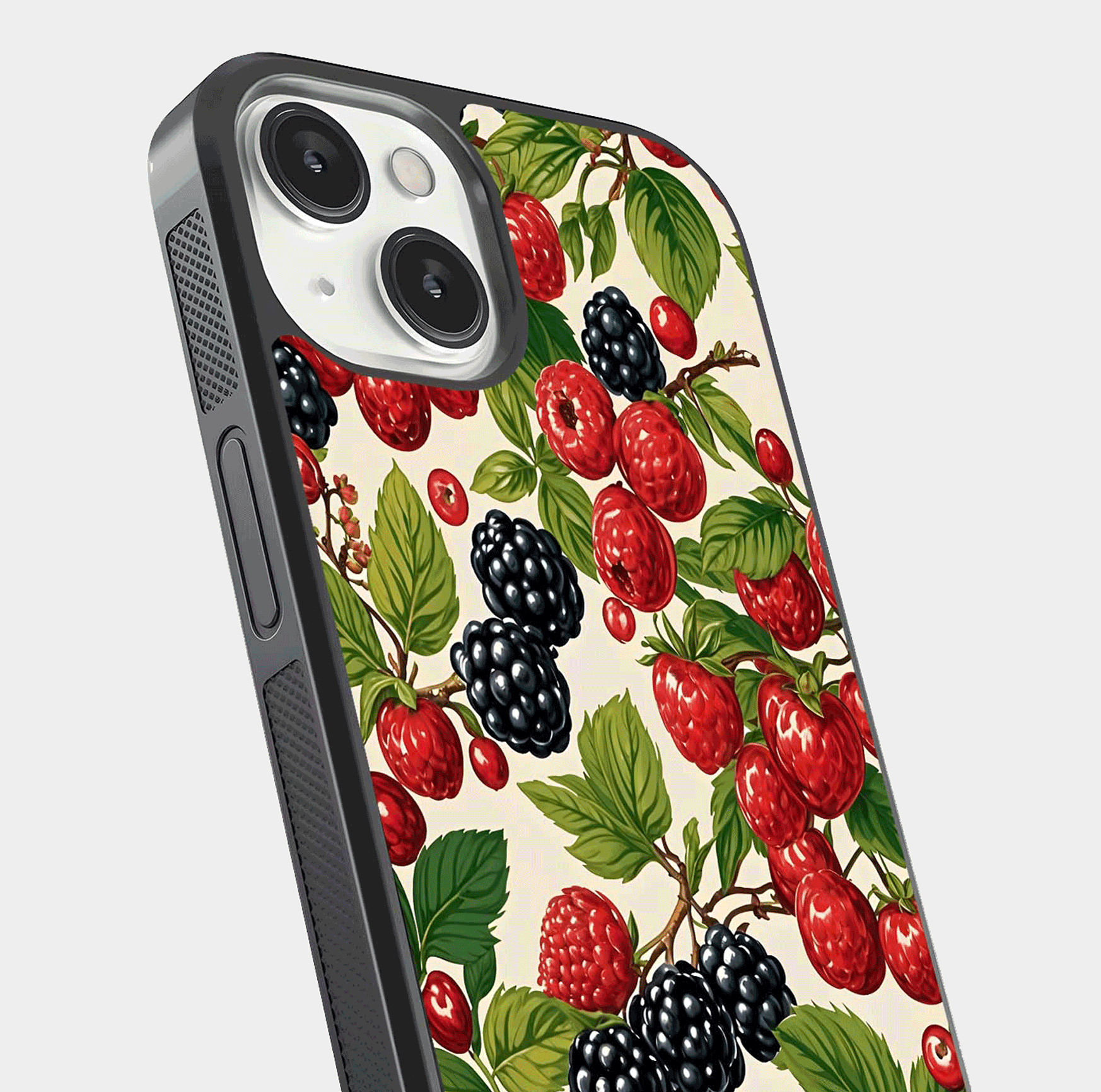 Mixed Berry Collage Glass Case for iPhone 13 Mini close-up angled shot showing fruit detail and reflection glow