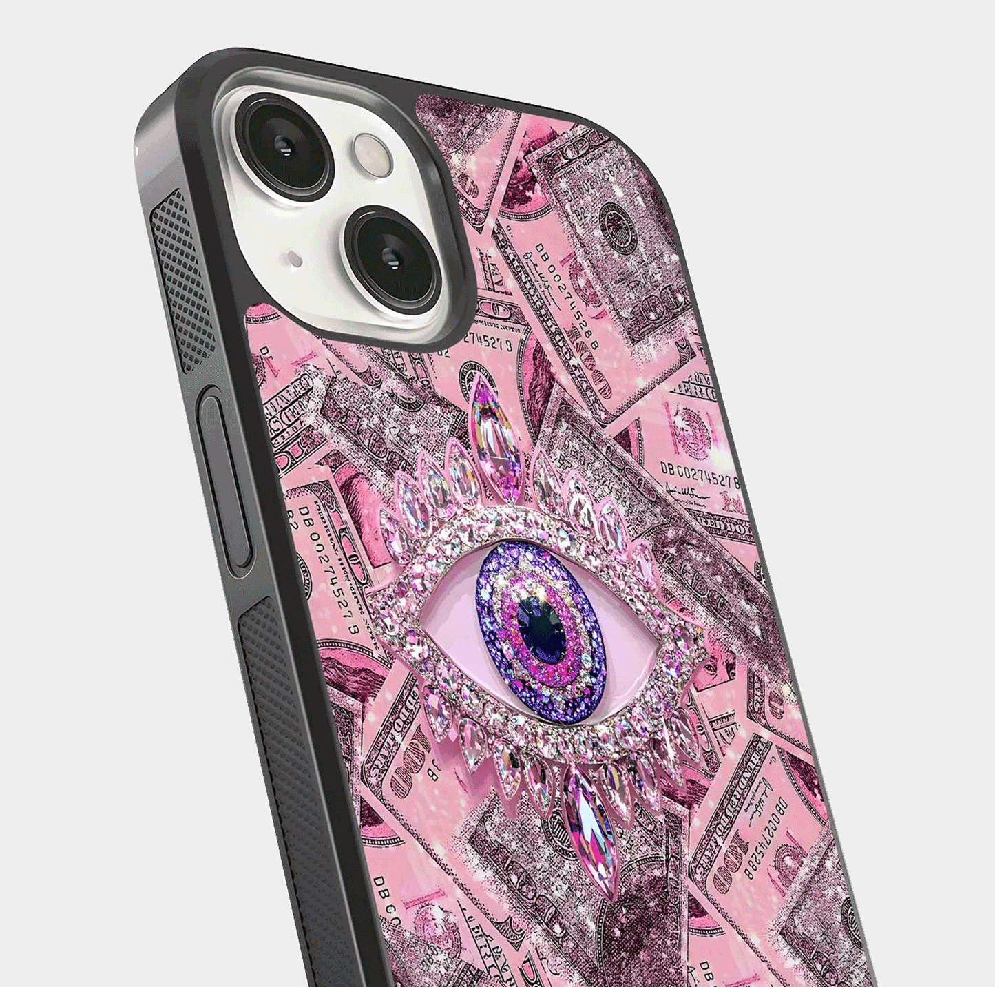 Money Eye Luxe Glass Case for iPhone 13 Mini close-up angled shot showing gold detailing and reflection shine