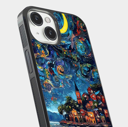 Moonlight Harbor Glow Glass Case for iPhone 13 Mini close-up angled shot showing reflection and moonlight glow