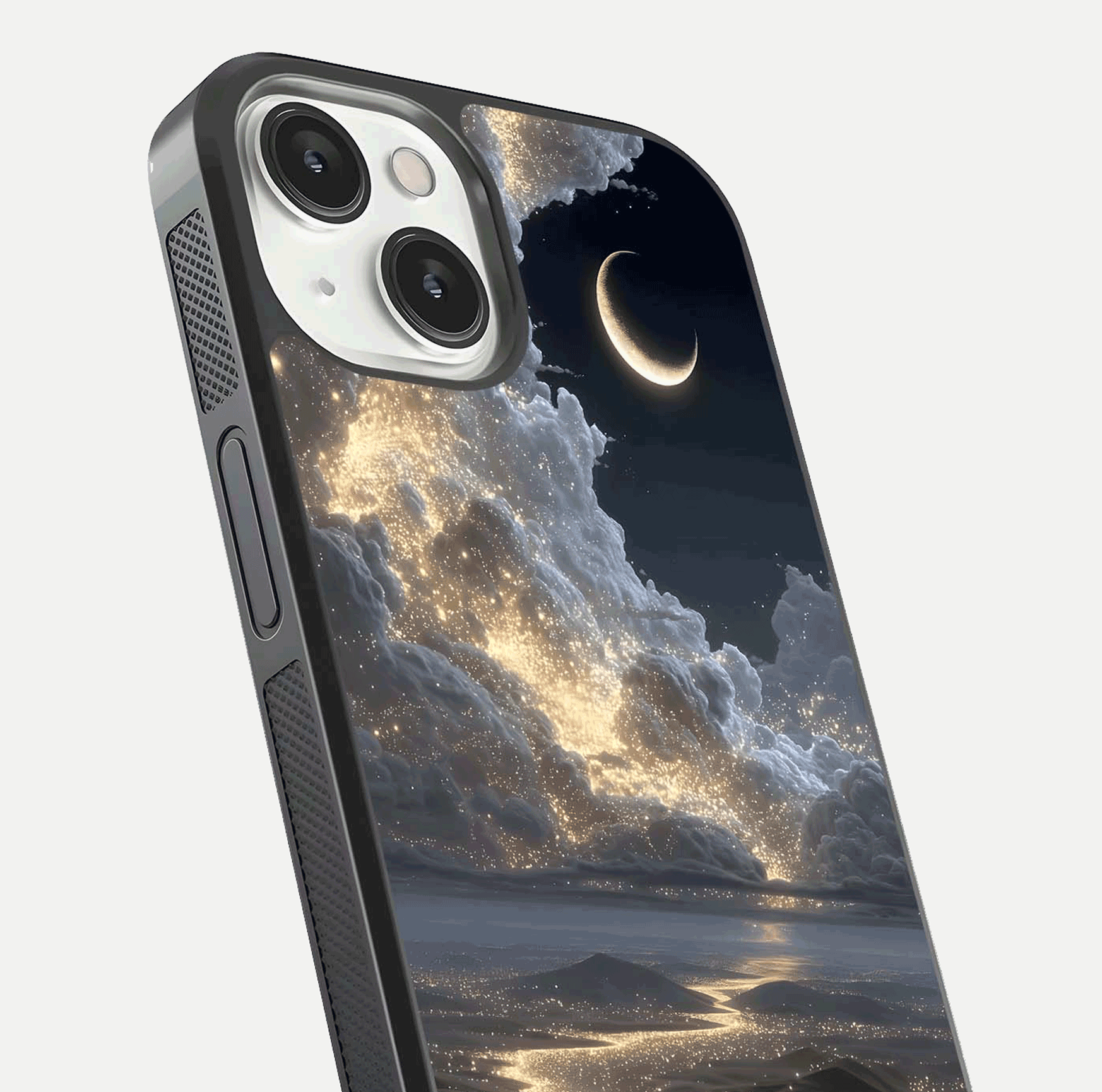 Moonlight Spark Path Glass Case for iPhone 13 Mini close-up angled shot showing glowing stars and reflection