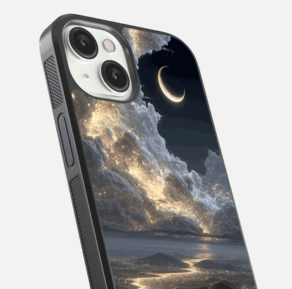 Moonlight Spark Path Glass Case for iPhone 13 Mini close-up angled shot showing glowing stars and reflection