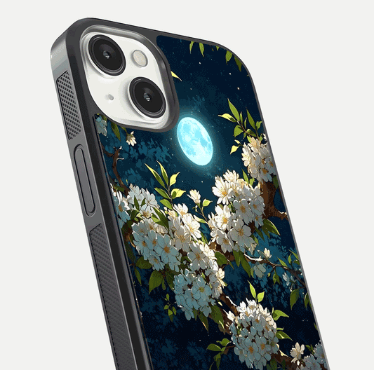 Moonlit Blossom Dream Glass Case for iPhone 13 Mini close-up angled shot showing glowing petals and reflection