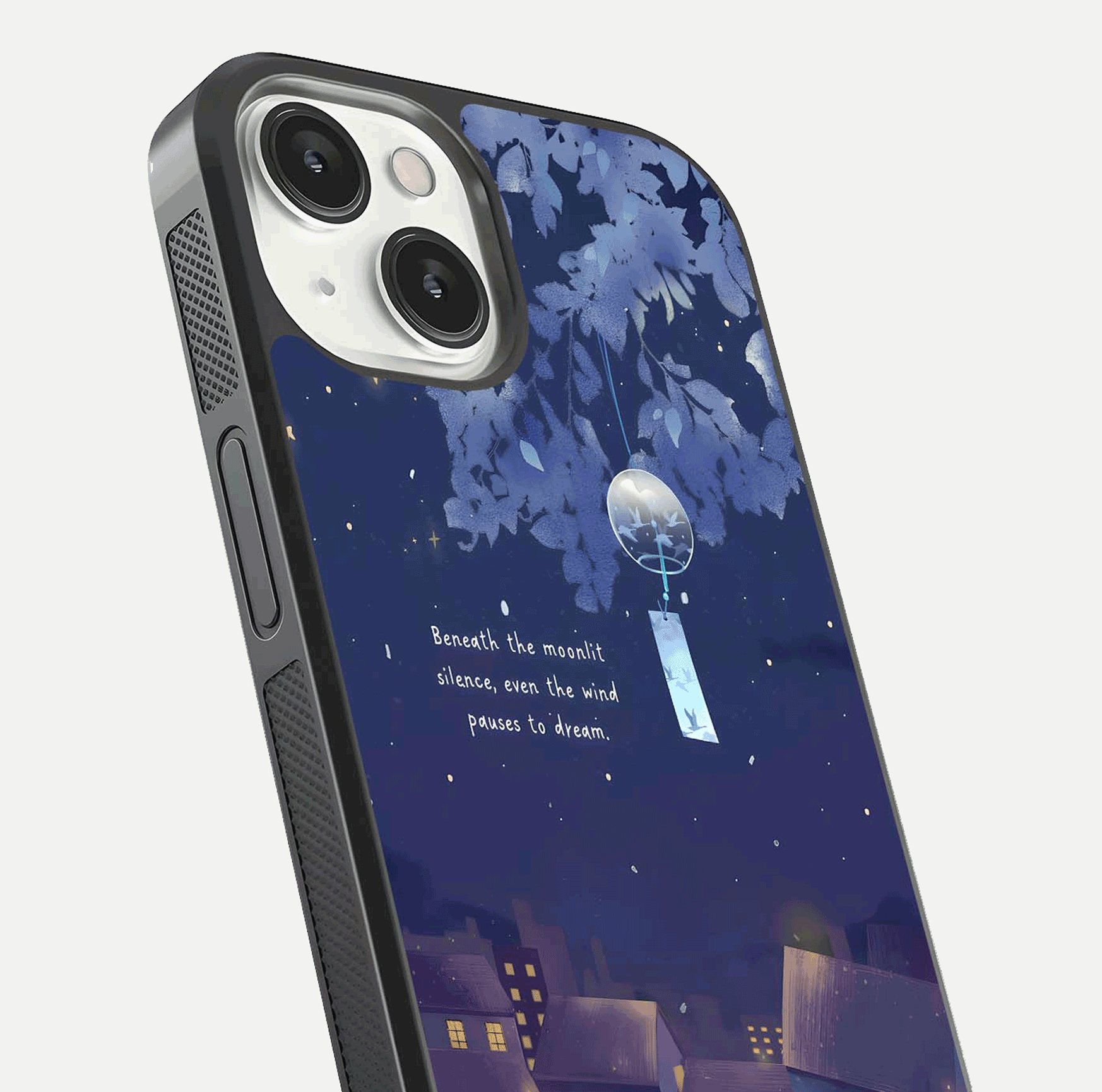 Moonlit Cat Silence Glass Case for iPhone 13 Mini close-up angled shot showing soft glow and reflection texture