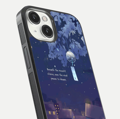 Moonlit Cat Silence Glass Case for iPhone 13 Mini close-up angled shot showing soft glow and reflection texture