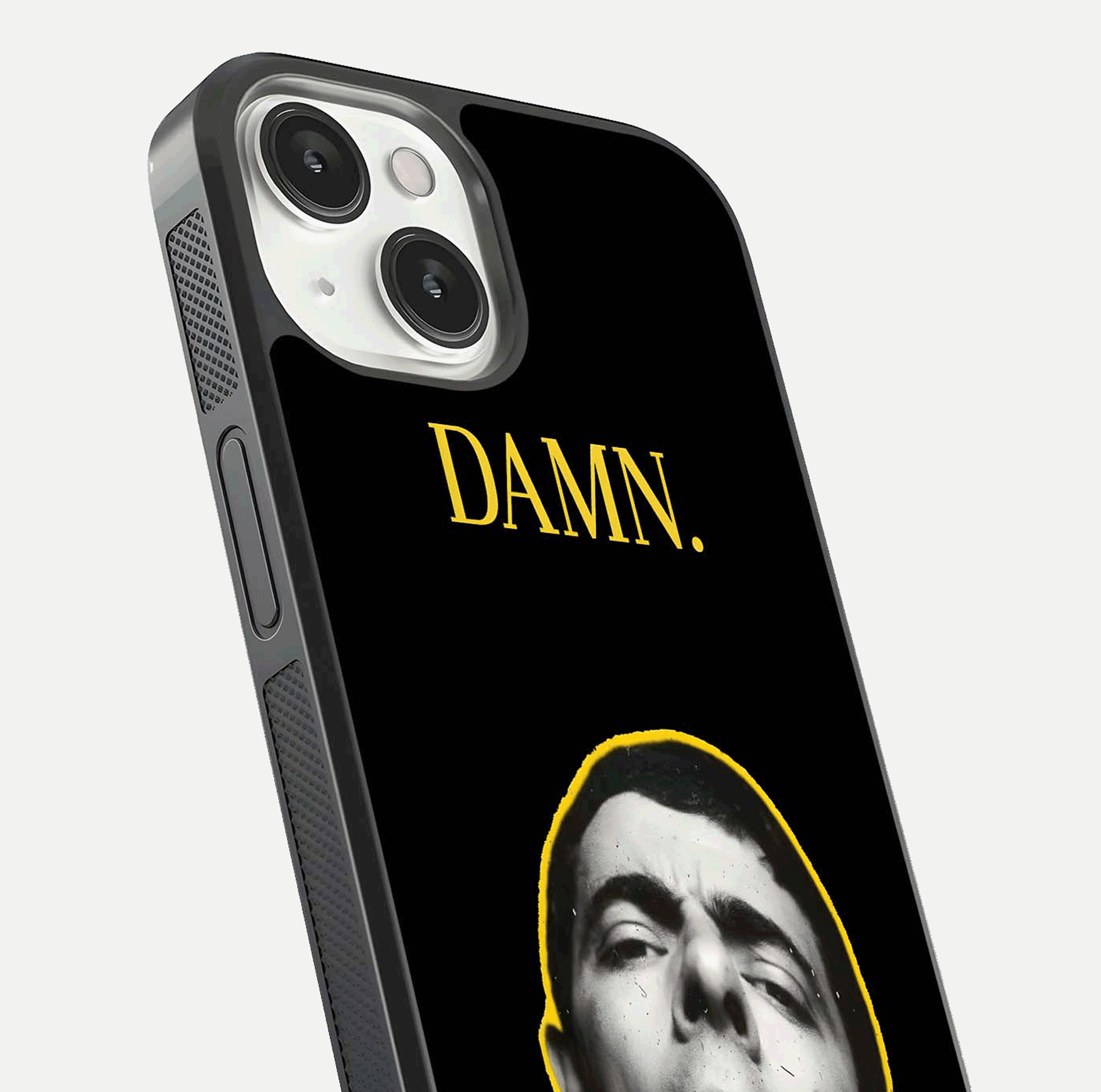 Mr Bean Damn Glass Case for iPhone 13 Mini close-up angled shot highlighting comic expression and shine detail