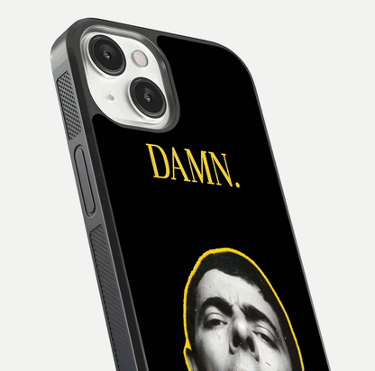 Mr Bean Damn Glass Case for iPhone 13 Mini close-up angled shot highlighting comic expression and shine detail