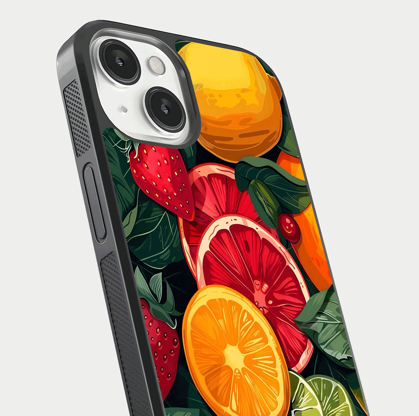 Multiple Fruits Glass Case for iPhone 13 Mini close-up angled shot showing fruit texture and HD gloss shine