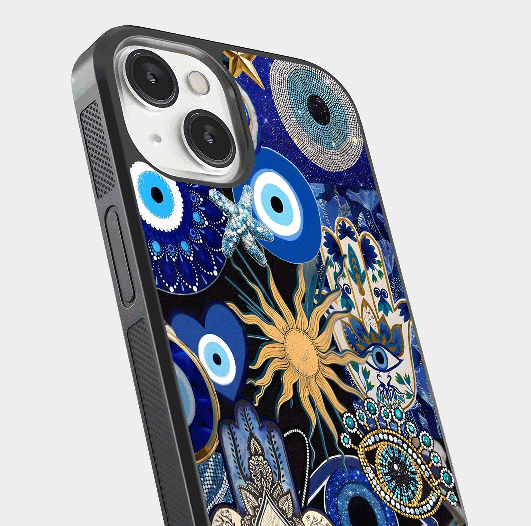 Mystic Blue Evil Eye Glass Case for iPhone 13 Mini close-up angled shot highlighting mystical glow and HD reflection