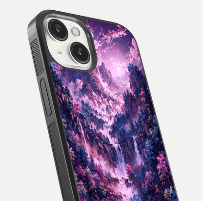 Mystic Cascade Peaks Glass Case for iPhone 13 Mini close-up angled shot showing peak reflections and color gradient