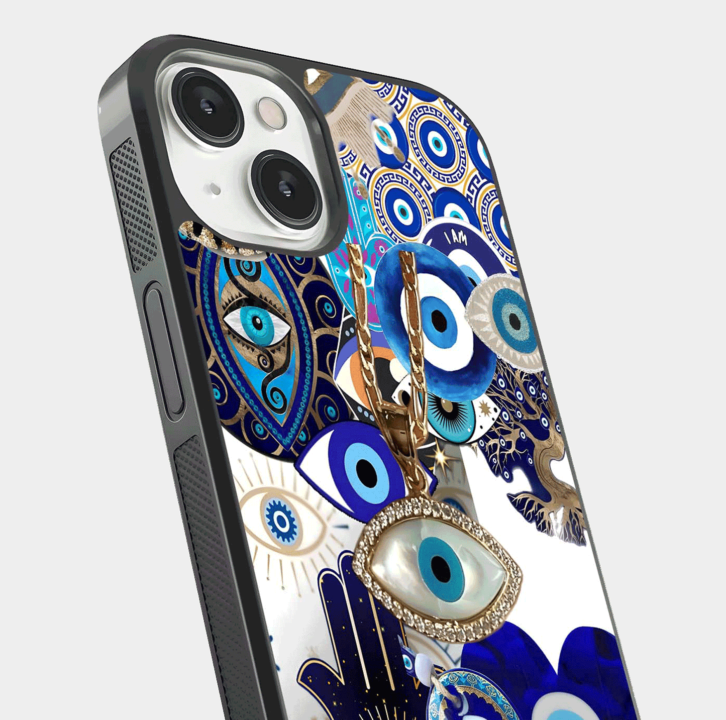 Mystic Charm Eye Glass Case for iPhone 13 Mini close-up angled shot showing detailed eye art and reflection