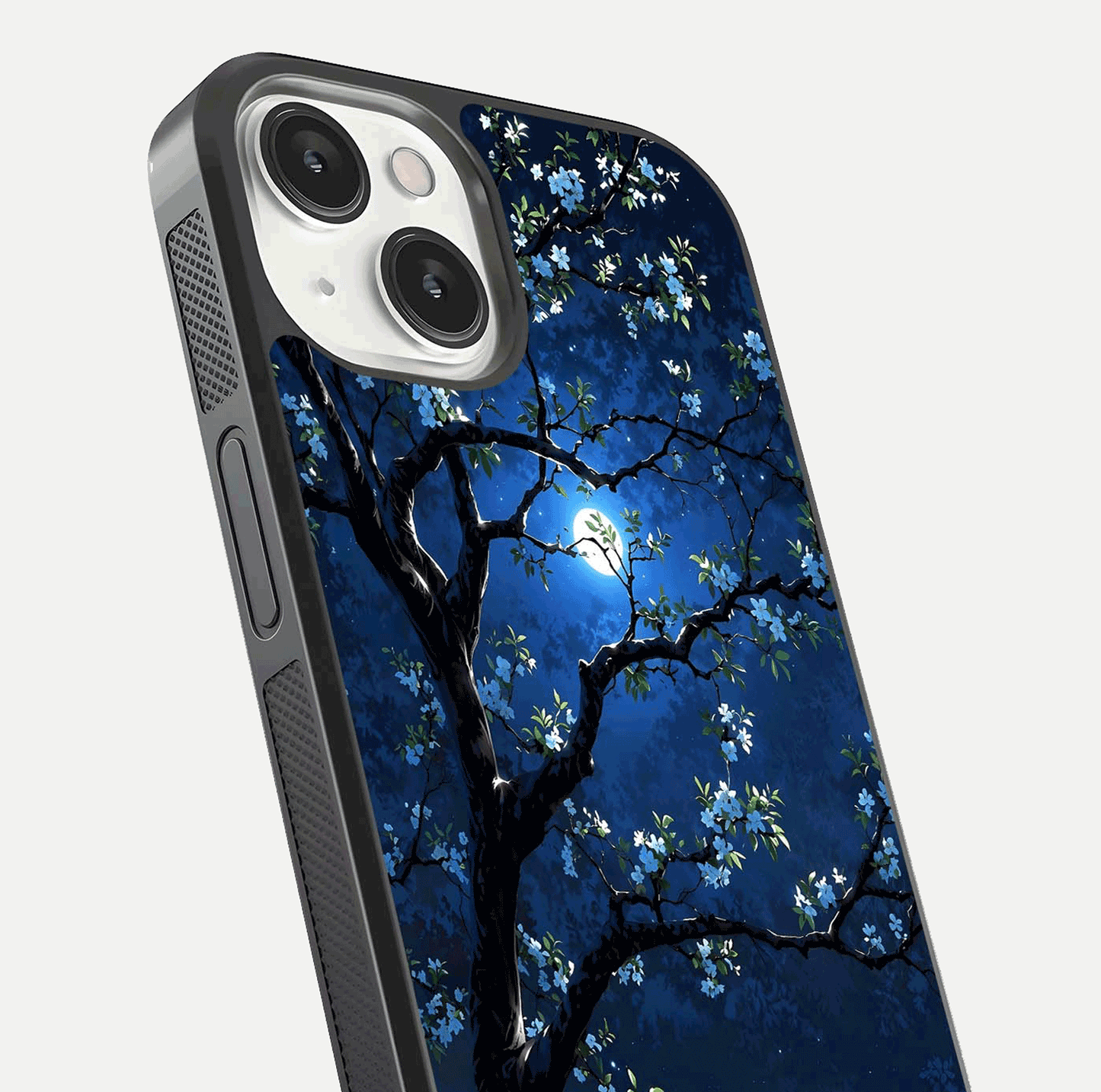 Mystic Floral Night Glass Case for iPhone 13 Mini close-up angled shot highlighting petal detail and HD reflection