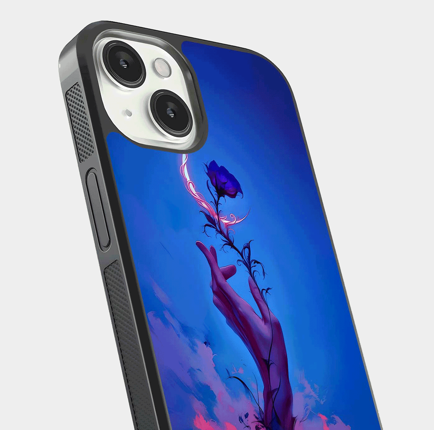 Mystic Hand Glass Case for iPhone 13 Mini close-up angled shot showing spiritual markings and reflection