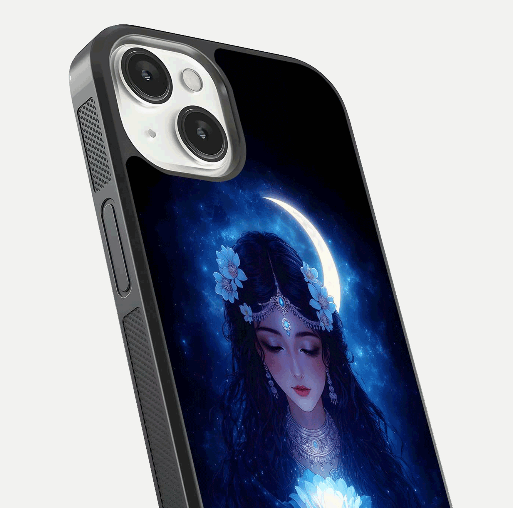 Mystic Moon Queen Glass Case for iPhone 13 Mini close-up angled shot showing shine and lunar tones