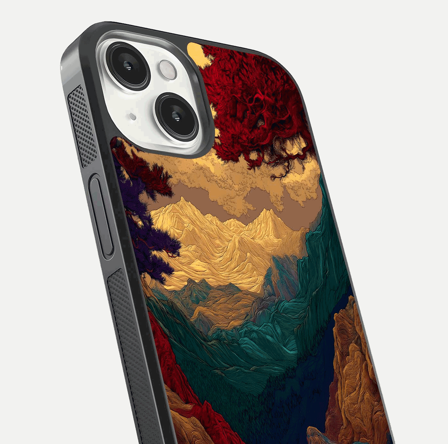 Mystic Valley Light Glass Case for iPhone 13 Mini close-up angled shot highlighting gradient sky and reflection