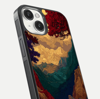 Mystic Valley Light Glass Case for iPhone 13 Mini close-up angled shot highlighting gradient sky and reflection