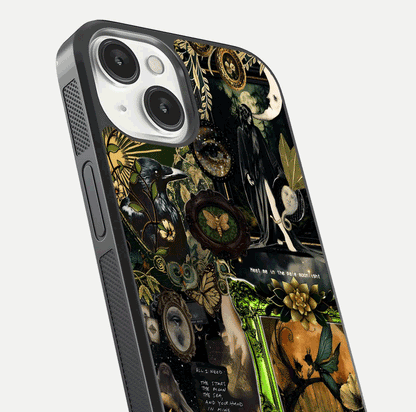 Mystic Woods Secret Glass Case for iPhone 13 Mini close-up angled shot highlighting tree texture and reflection