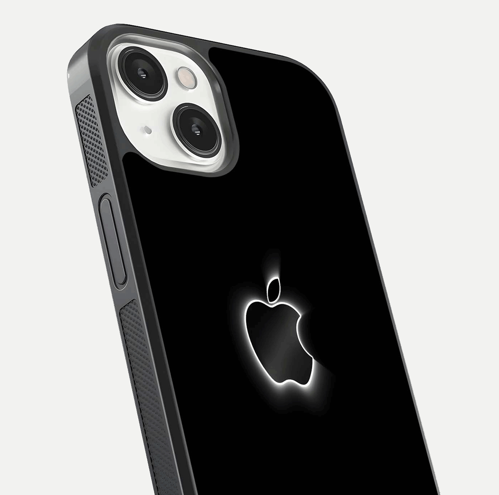 Neon Apple Glow Glass Case for iPhone 13 Mini close-up angled shot highlighting neon reflection and color pop