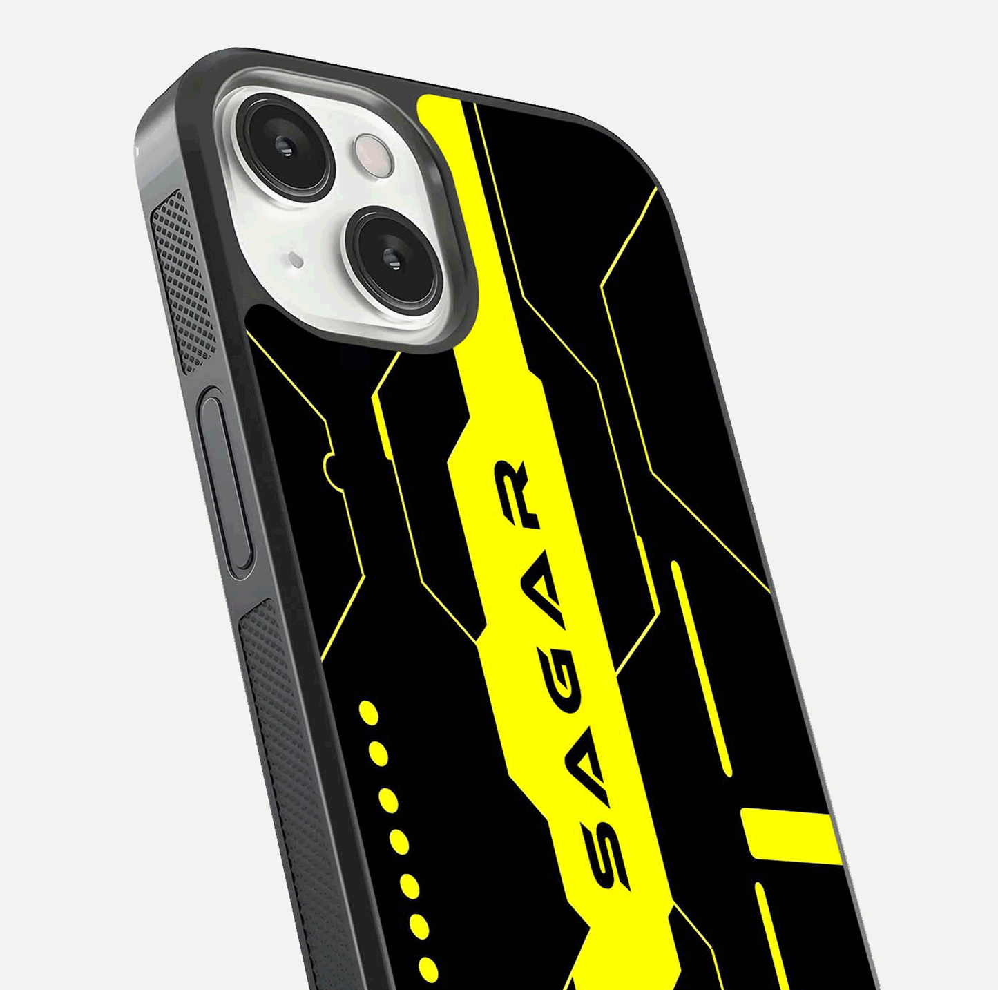 Neon CYBERPUNK Custom Name Glass Case for iPhone 13 Mini close-up angled shot highlighting electric colors and reflection