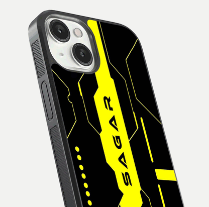 Neon CYBERPUNK Custom Name Glass Case for iPhone 13 Mini close-up angled shot highlighting electric colors and reflection