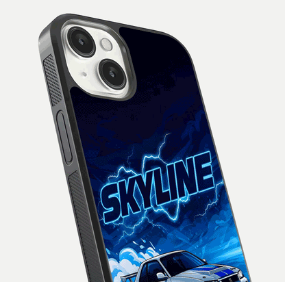 Neon Drift Beast Glass Case for iPhone 13 Mini close-up angled shot highlighting glowing streaks and vivid reflection